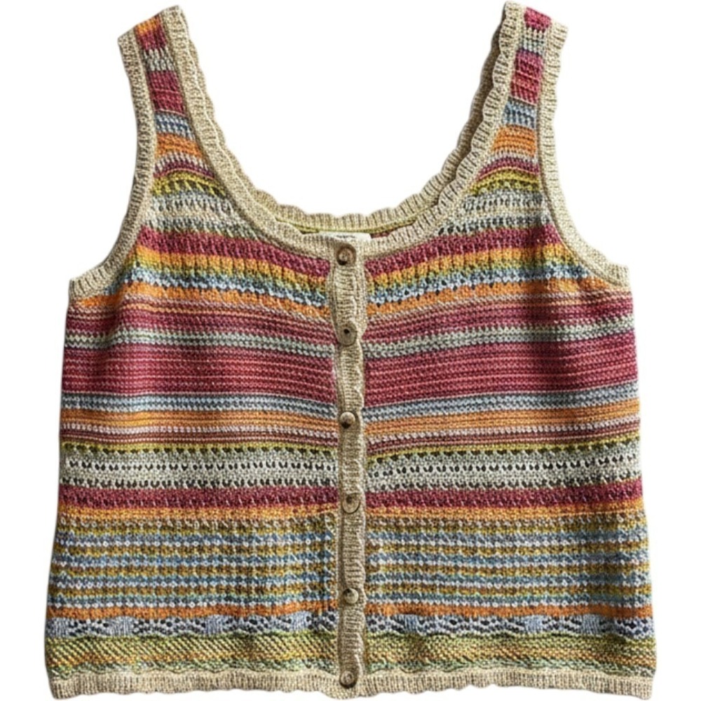 Crochet Knit Tank Top Colorful Button Front Size 1X Boho Chic Hippie Festival